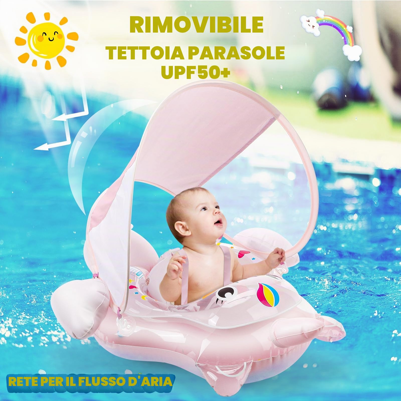 Salvagente Neonato, Salvagente Neonato con Parasole Salvagente Gonfiabile per Bambini con Seggiolino di Sicurezza Regolabile Doppio Airbag Anello Salvagente con Pompa per Bambini 8-24 mesi