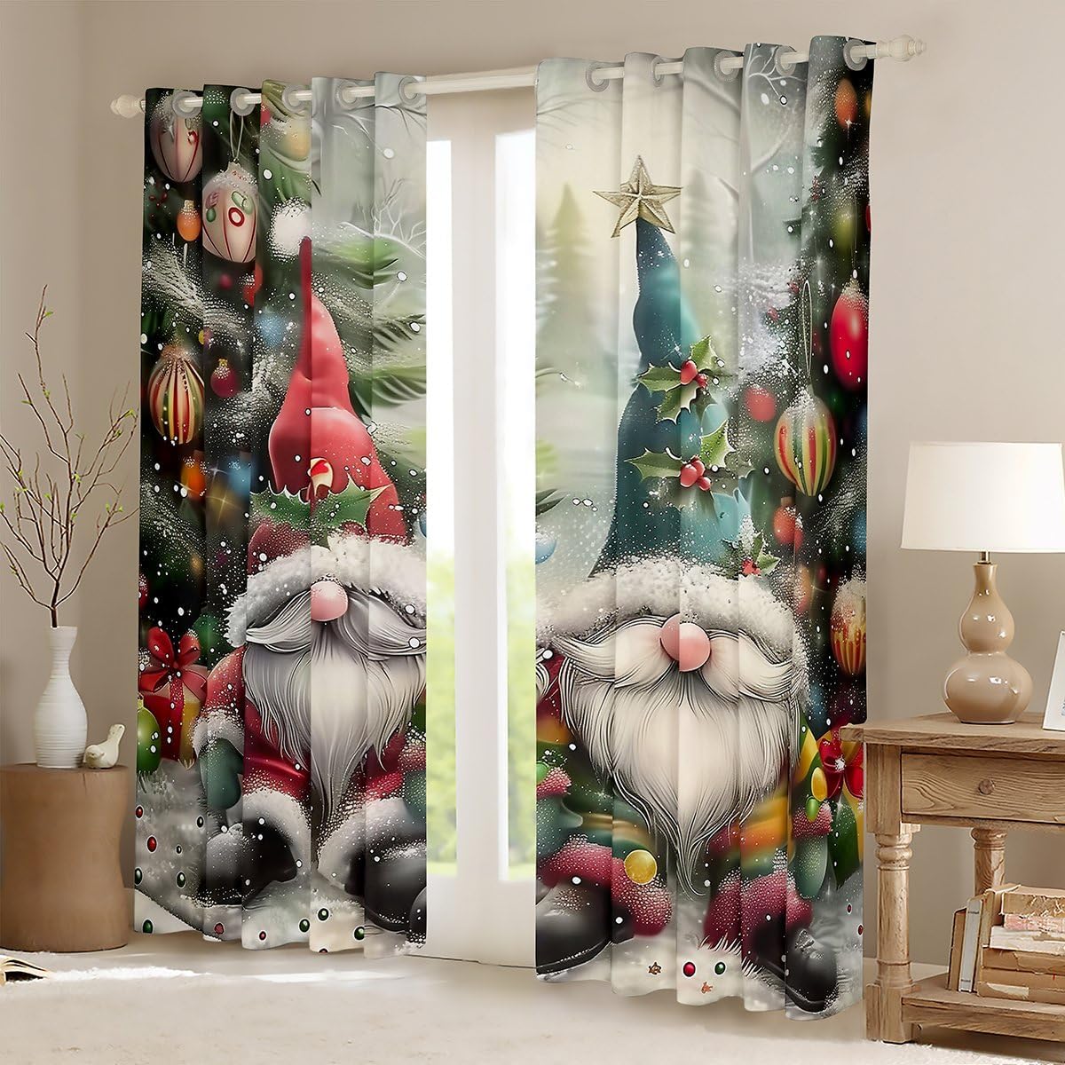 Erosebridal Gnome Christmas Decorations Kawaii Blackout Curtains for Living Room - Christmas Gnome Window Curtains 2 Panel Sets 38" Wx45 L,Scandinavian Xmas Santa Dwarf Window Treatments Drapes