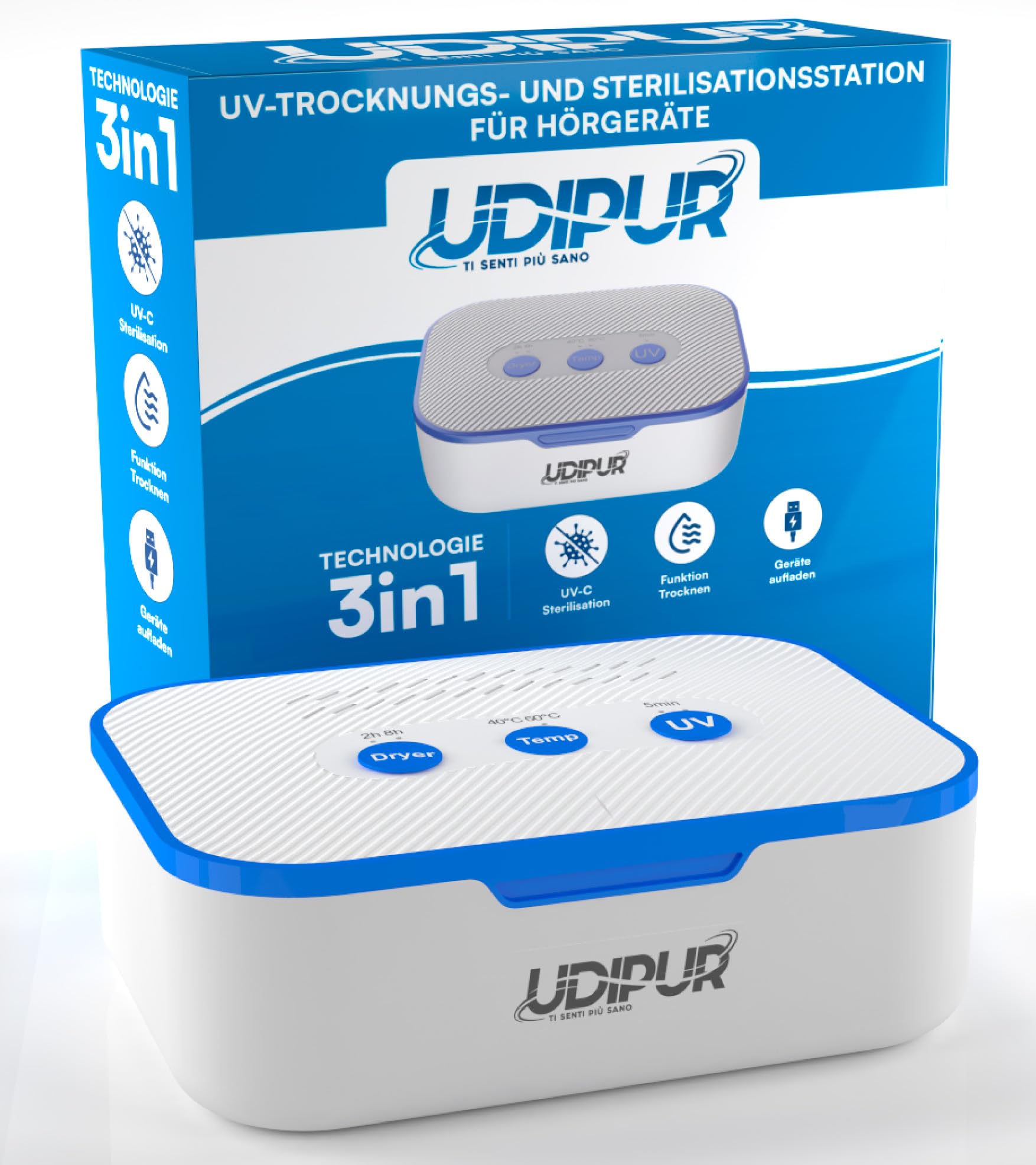 Udipur Hörgeräte-Trocknungsstation UV-Sterilisation und Ladebox mit 3in1 USB Typ C Technologie Maximale Temperatur 50°C - 110x90x40mm
