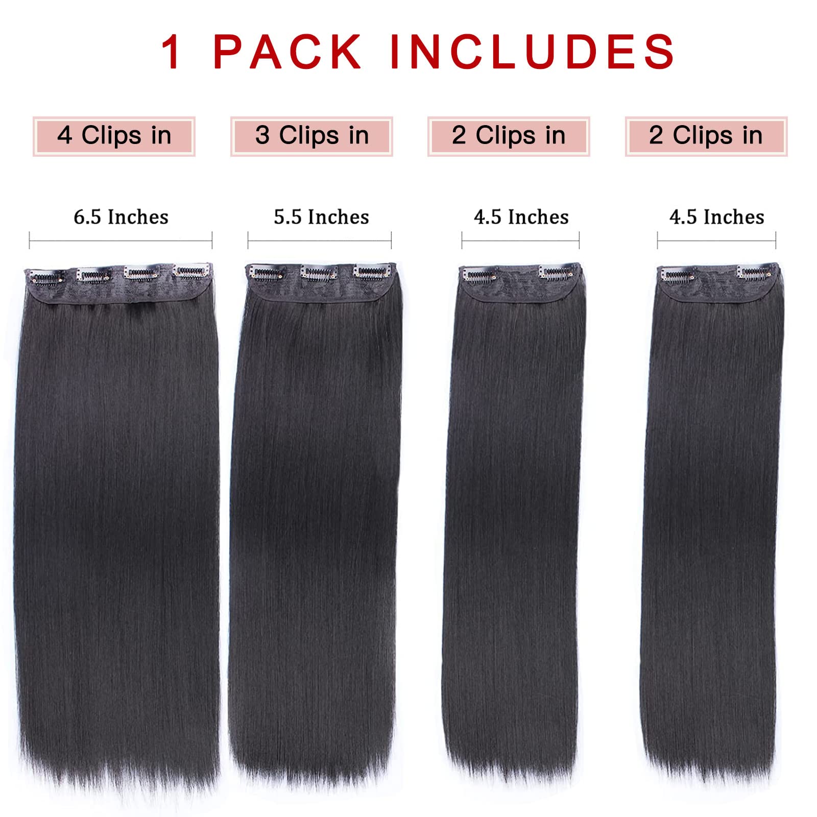 Xtrend Black 16 Inch Clip in Hair Extensions 4Pcs 11Clips Straight Thick Full Head Double Weft Clip on Synthetic Hair Extension Hairpieces for Women Daily Use 1B# - Image 2
