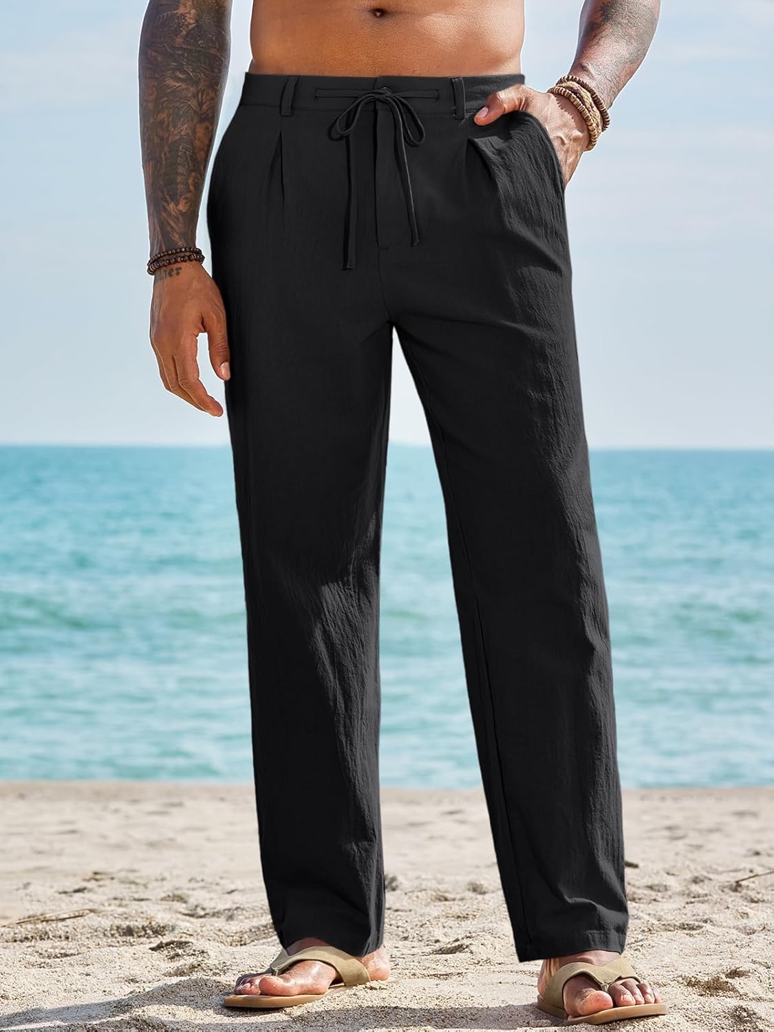 Runcati Mens Casual Pants Elastic Waist Drawstring Lightweight Pants Cotton Linen Summer Beach Yoga Trousers - Image 2