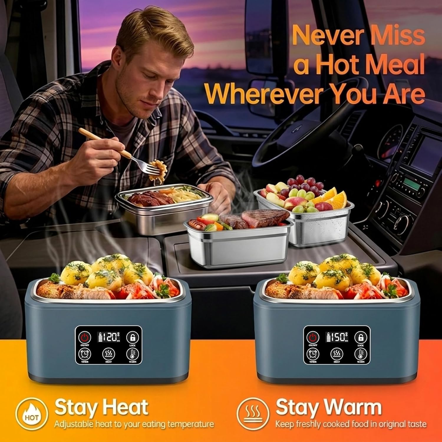 1.5L Heated Lunch Box for Men Loncheras Electricas para Calentar Almuerzo Temperature Adjustable Food Heater Adult Lunchboxes Indoor Outdoor Work Office Camping Travel