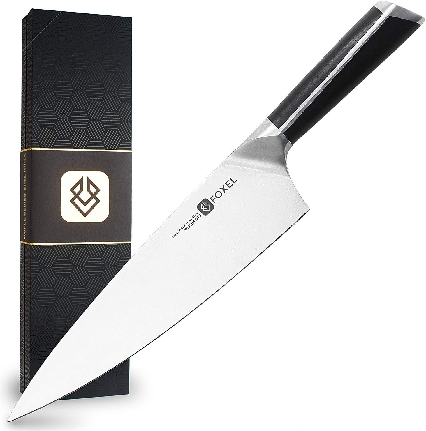 Chef Knife Knives 8 Inch - Chefs Kitchen Professional Cooking Blade - FOX Series Combine Stylish Ebony Wood Handle w/Functional Razor Sharp German High Carbon Stainless Steel - Premium Gift Box