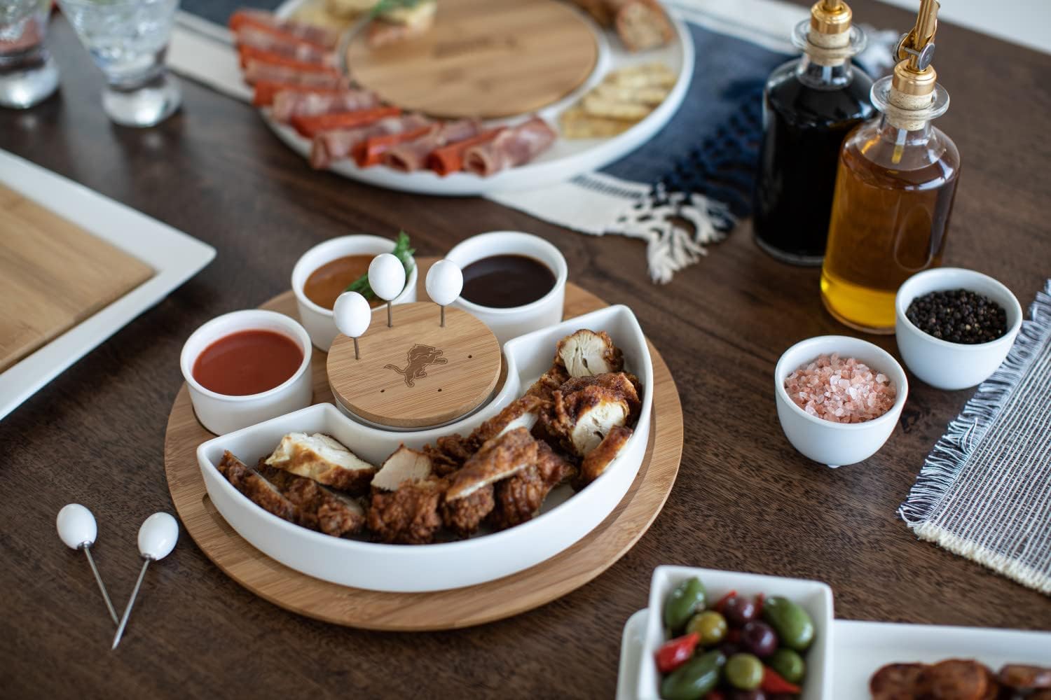 PICNIC TIME NFL Symphony Appetizer Serving Tray Set, Party Platter Set, Appetizer Plate, (Bamboo & White Ceramic)