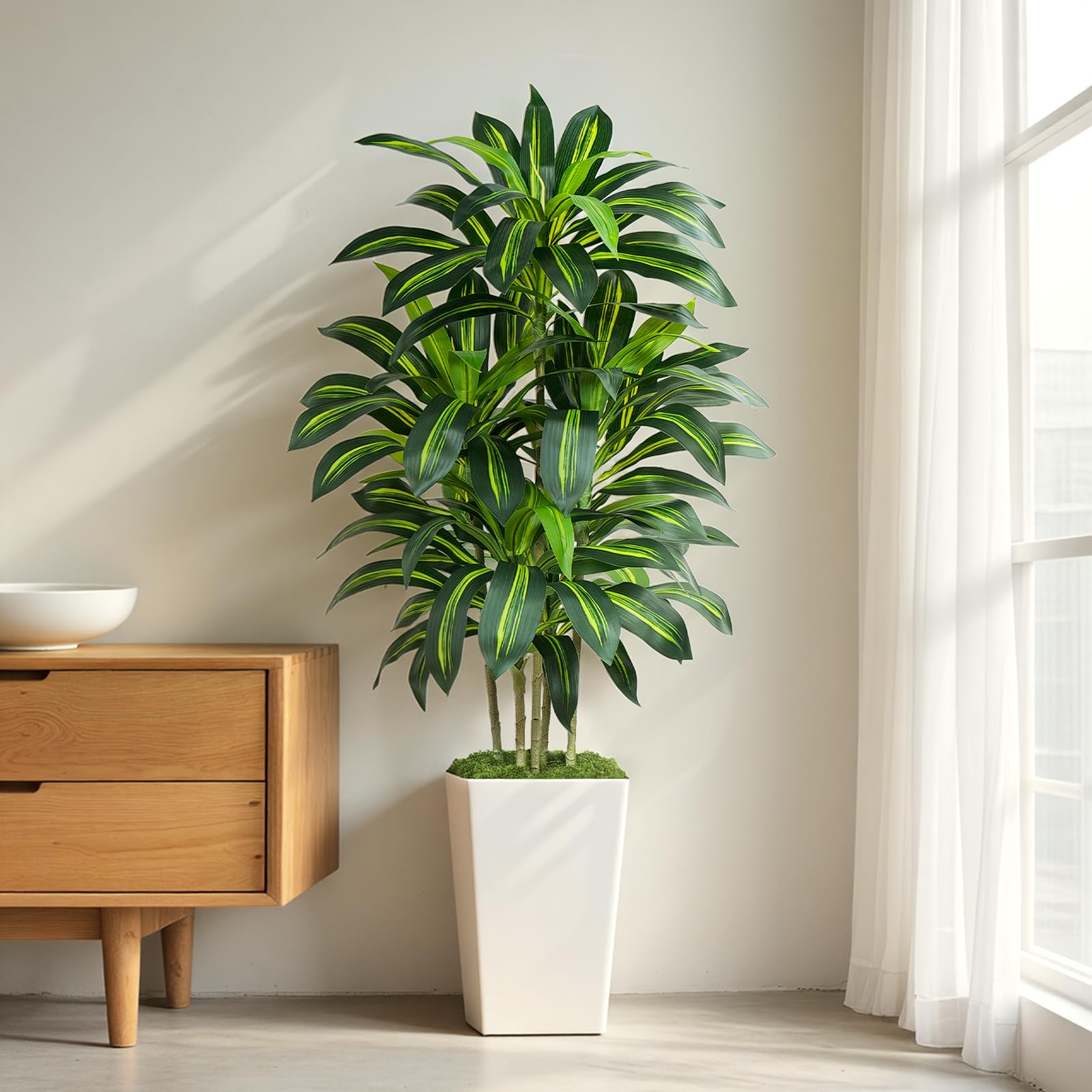Keeplush 5ft Artificial Dracaena Tree with White Planter, 150cm Tall Tropical Fake Plant with 105 Leaves, Faux Artificial Tree Indoor for Office Room Modern Decor