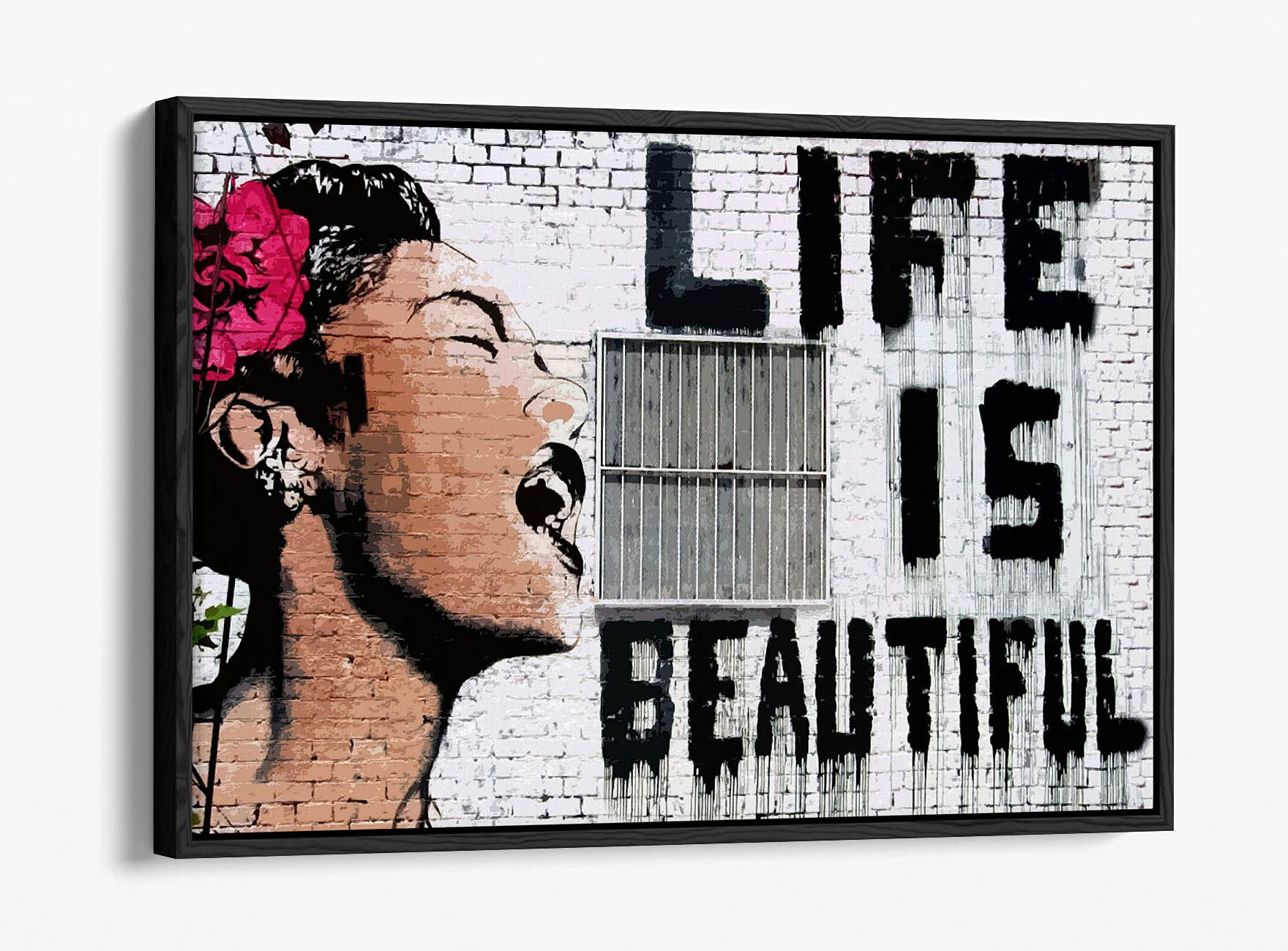 Canvasartshop Black - Banksy Life Is Beautiful Graffiti- Float Effect Framed Canvas Wall Art Picture Print (, 36X24)