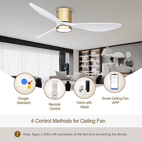 Miniatura 2 de Ovlaim Ventiladores de techo inteligentes de madera de 52 pulgadas con control remoto de luces, 3 aspas oro blanco moderno ventilador de techo de