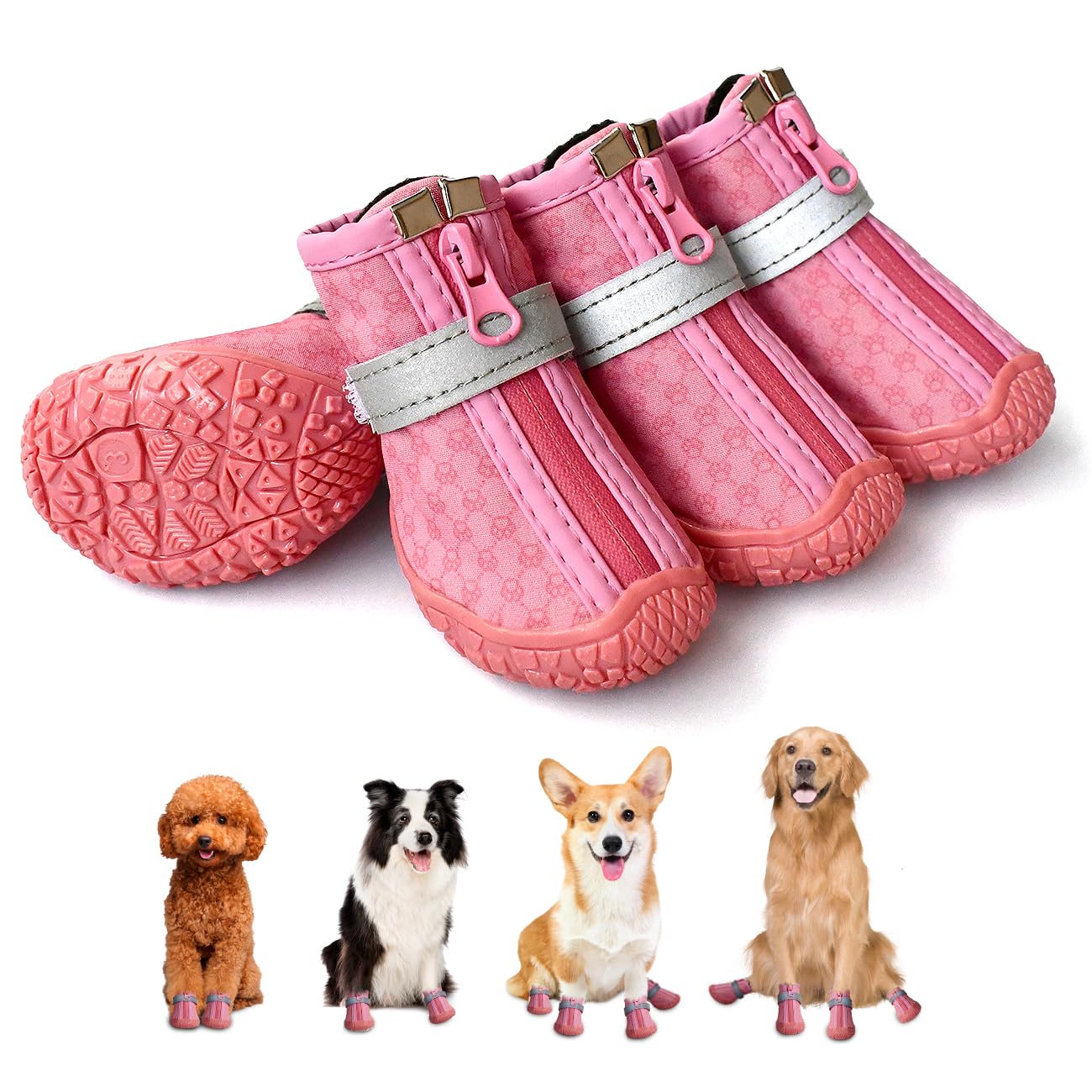 Pink Dog Shoes for Small Dogs, Anti-Slip Dog Boots with Reflective Strips, Puppy Paw Protectors for Ourdoor Indoor Walking Winter Snow Summer Hot Pavement, Waterproof in Rainy Weather 4PCS/Set
