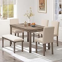 Zevemomo 6-Piece Solid Wood Dining Table Set with Bench & 4 Upholstered Chairs - Modern Brown for Kitchen, Dining Room