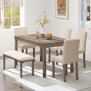 Zevemomo 6-Piece Solid Wood Dining Table Set with Bench & 4 Upholstered Chairs - Modern Brown for Kitchen, Dining Room