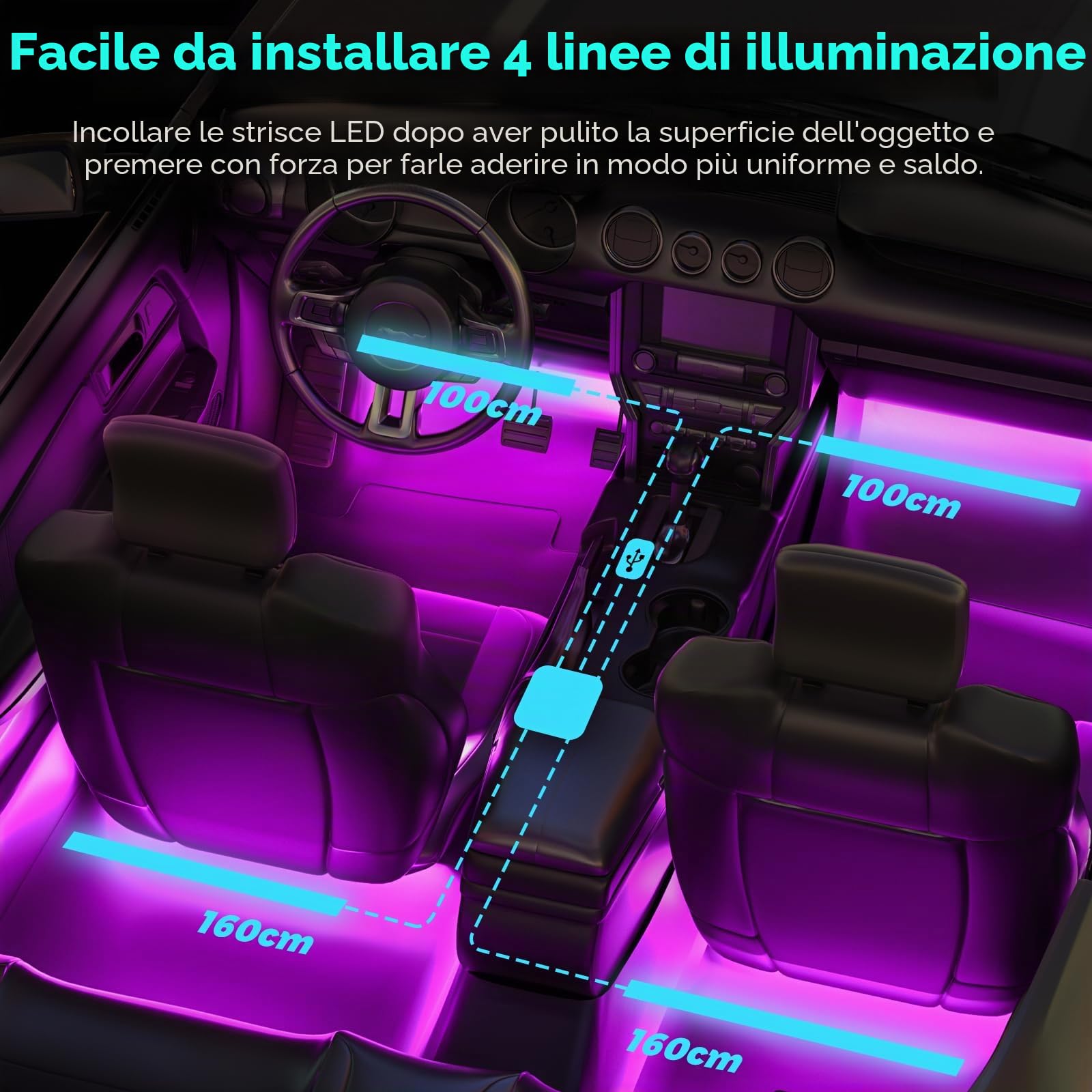 Winzwon Led Auto Interni con APP, accessori auto, Regalo Festa della Mamma, Uomo, Donna, Compleanno, Strisce Led Auto con Porta USB Controllo APP,1 Pezzi