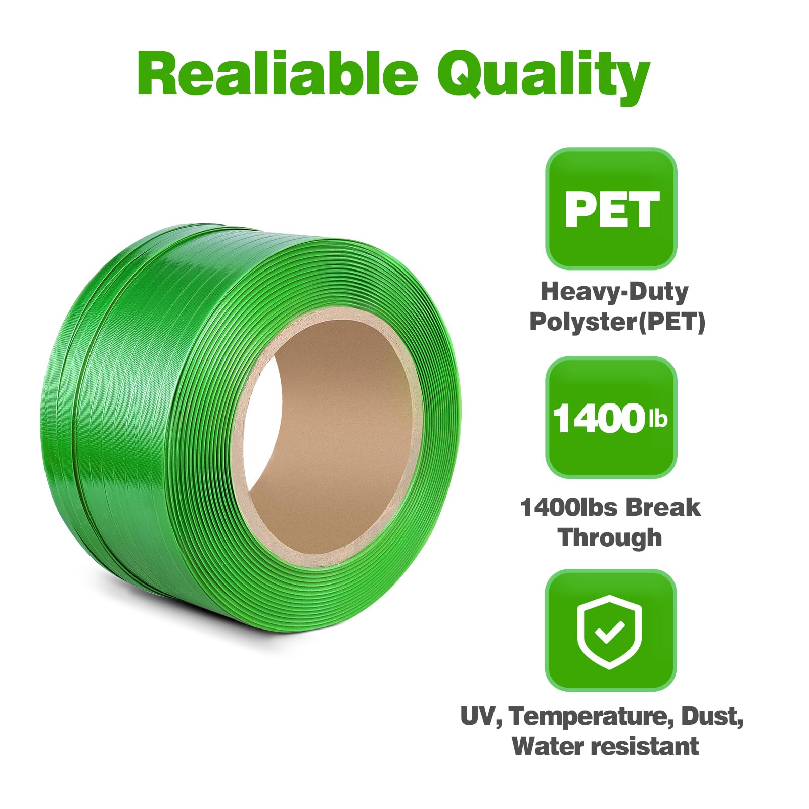 Mouuy Packaging Strapping Banding Roll Heavy Duty PET Polyester Poly Plastic Packaging Strapping Pallet and 125 Buckles Seals Water and Rust Resistant 2000'x 5/8''x 0.0035'' x 1400 LBS Break Strength
