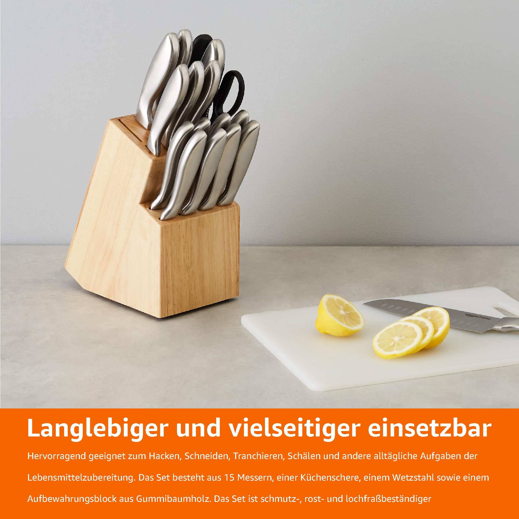 Amazon Basics Edelstahlmesser-Set mit Komfortgriff und Block, 18 Stück, 1er-Pack, Schwarz