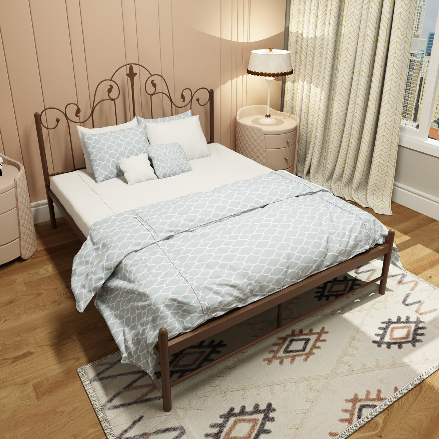 Homdec Pavo Vintage Metal Platform Bed with Headboard and Footboard, Heavy Duty Mattress Foundation – No Plywood Needed, Noise Free (Brown, Queen (U.K. Standard))