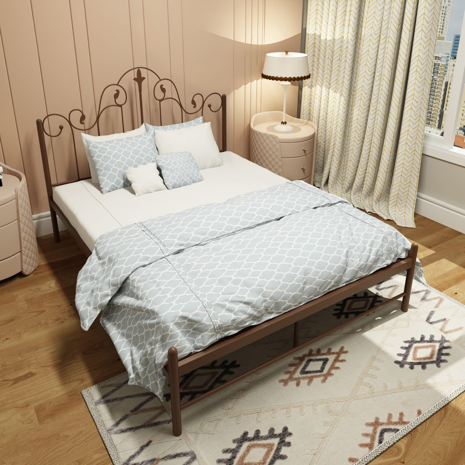 Homdec Pavo Vintage Metal Platform Bed with Headboard and Footboard, Heavy Duty Mattress Foundation – No Plywood Needed, Noise Free (Brown, Queen (U.K. Standard))