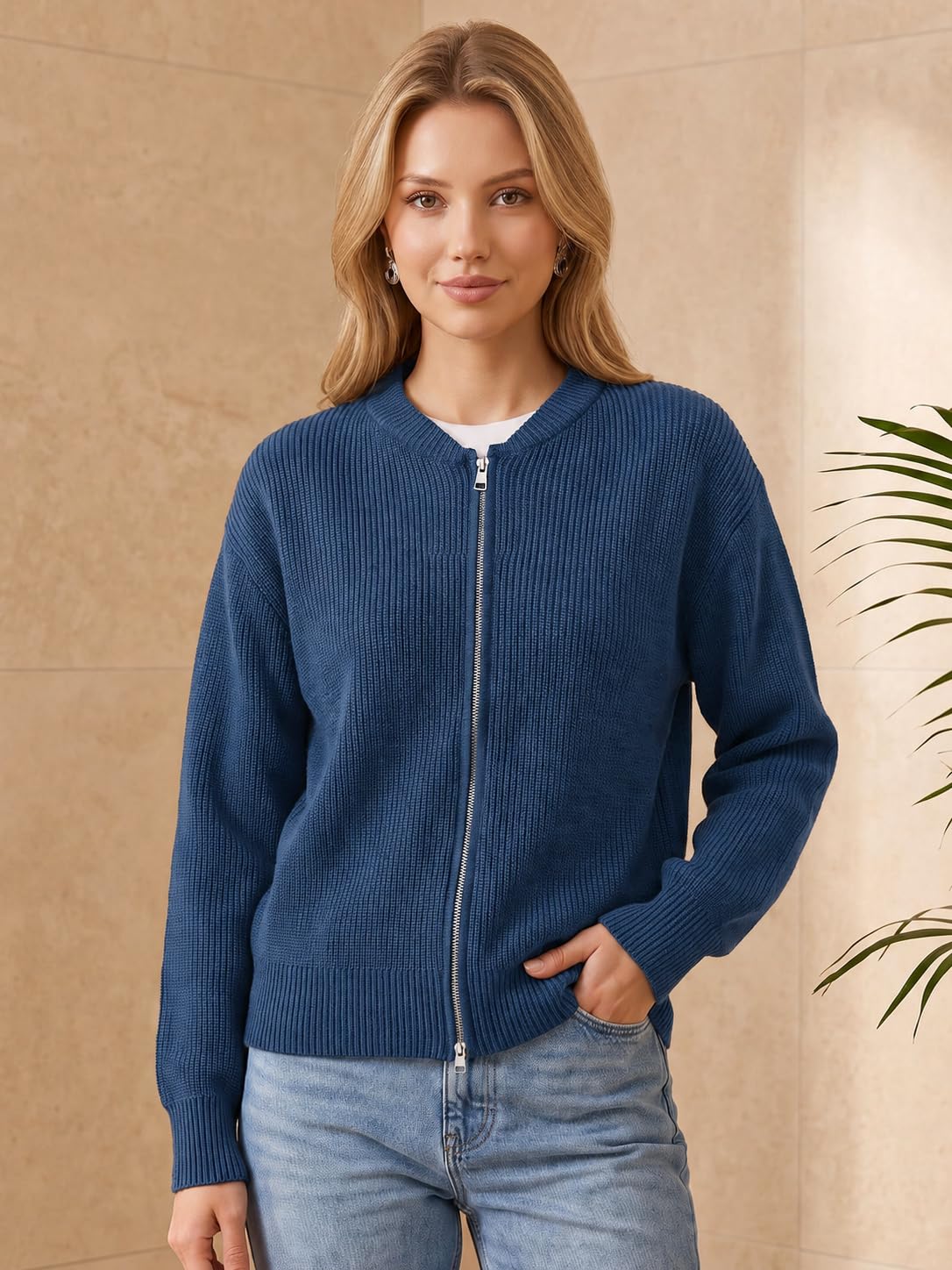 Saodimallsu Damen Langarm Strickjacke mit Reißverschluss Strick Jacke
