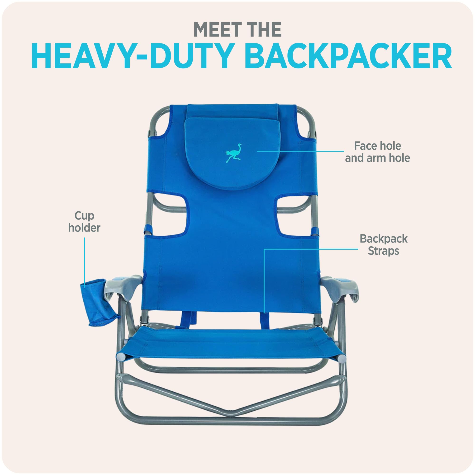 Ostrich The Heavy-Duty Backpacker Portable Beach Chair with Face Hole | Adjustable Lounge Chair with Face Opening Cup Holder 325lb Capacity Blue product thumbnail 8