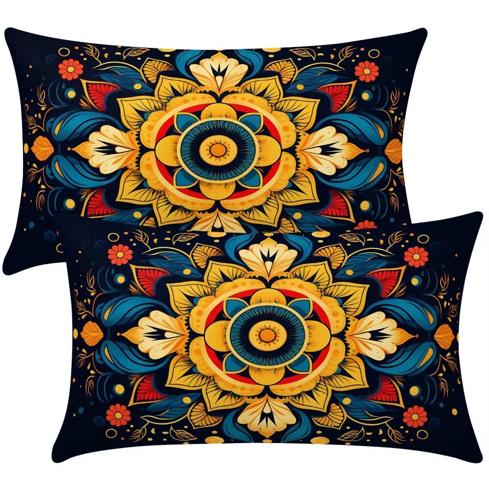 Cushion Covers 35cm x 55cm Mandala Cushion Cover 14 x 22 Inches Pack of 2 Throw Pillow Covers Boho Sofa Cushions Polyester Linen Decorative Pillowcases for Couch Living Room Bedroom Home Decor -SC473