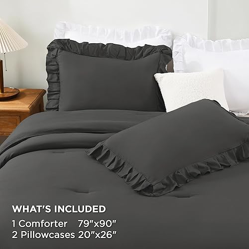 Miniatura 8 de Andency Juego de edredón con volantes de 3 piezas, estilo rural y elegante, para todas las estaciones, ligero y esponjoso, 1 edredón y 2 fundas de