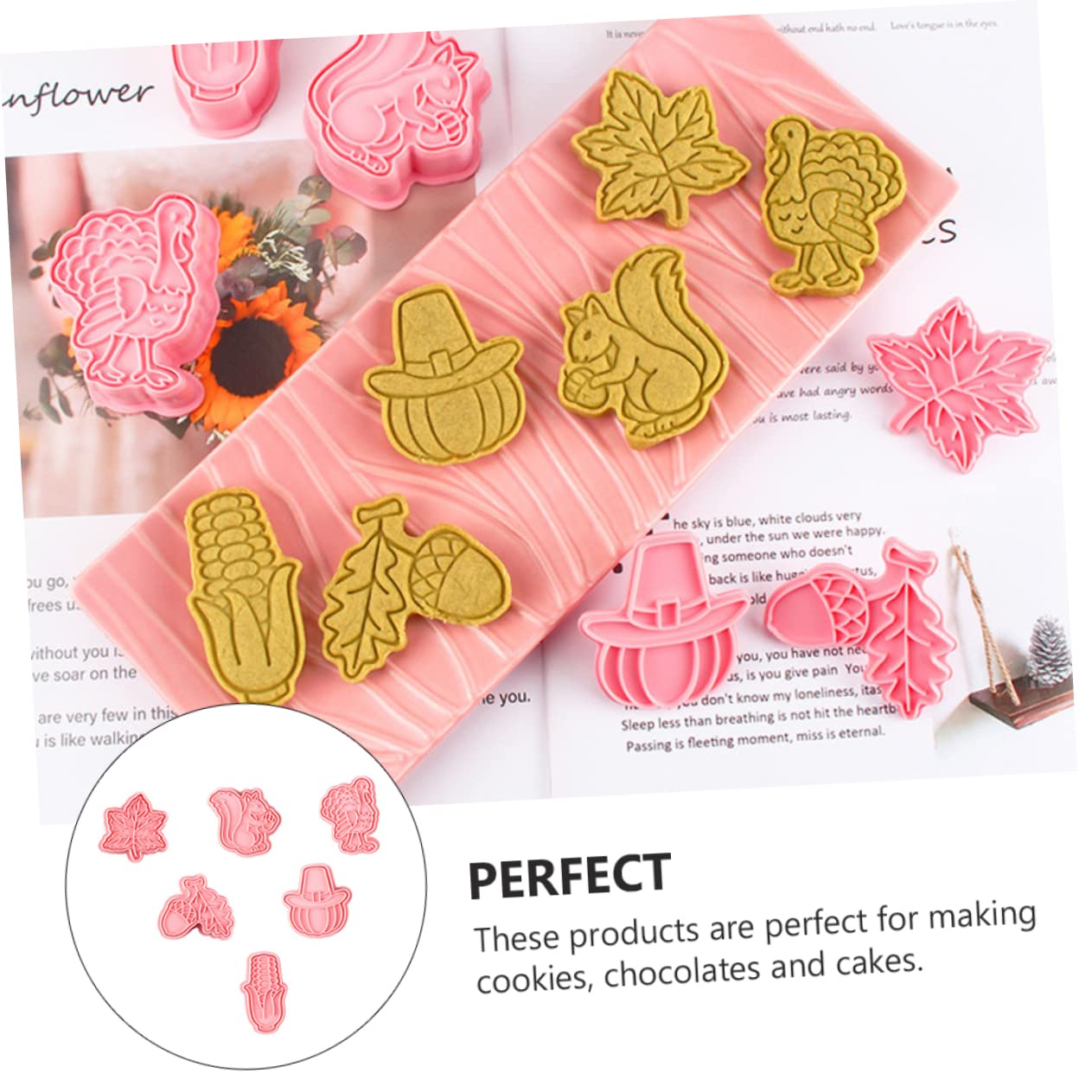 TOPBATHY 18 Piezas Cortadores De Galletas De Acción De Gracias Sello De Galleta De Acción De Gracias Molde Dulce Cortador De Forma De Galleta Moldes Para Galletas De Hojas Rosa Páginas