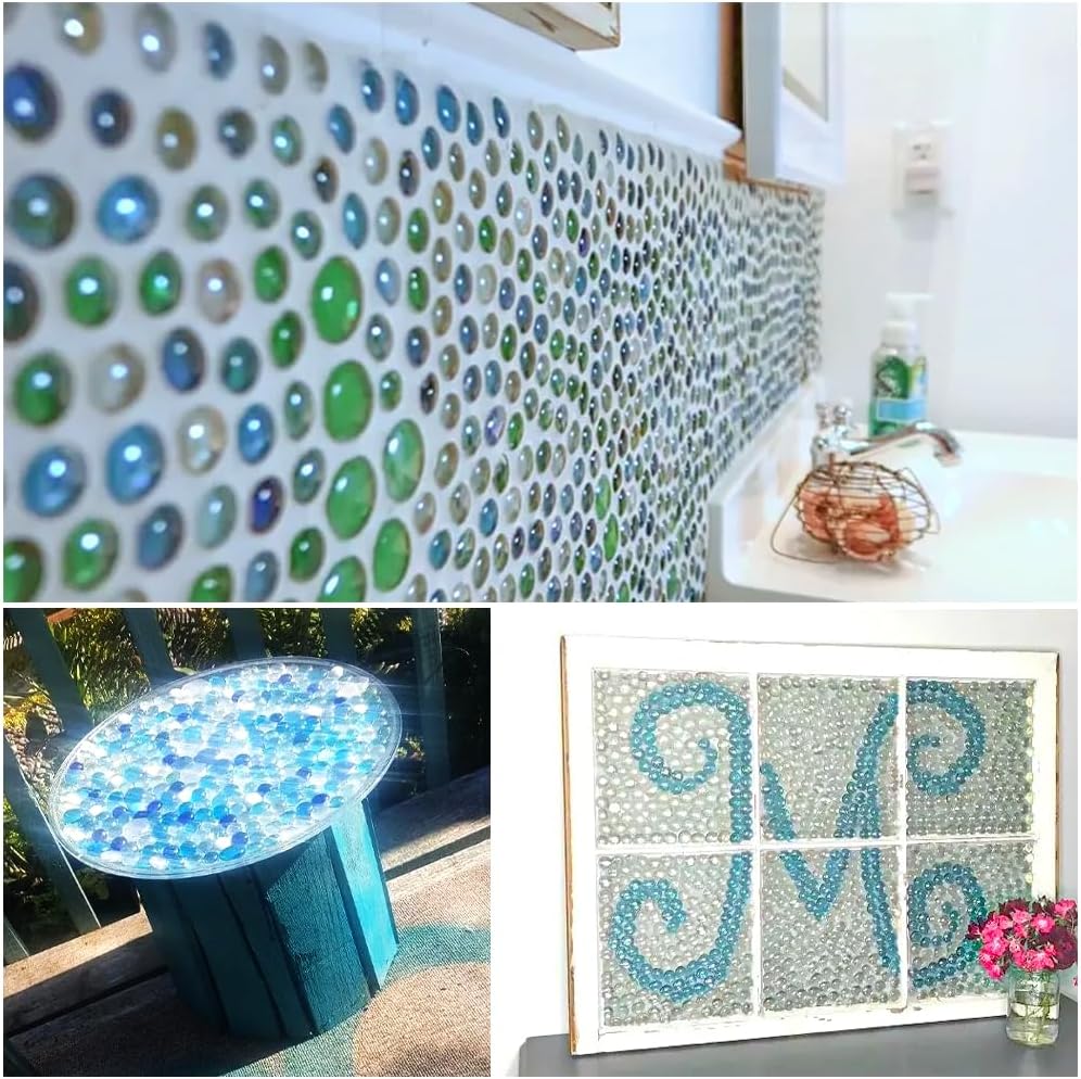 HappyFiller 5 LB Sea Blue Glass Gems Flat Marbles with 1 Pc Large Inspirational Beads,Vase Fillers, Aquarium Fish Tank Pebbles,Fountain Stones,Floral Arrangement,Mosaics Crafts,Fire Glass Drops
