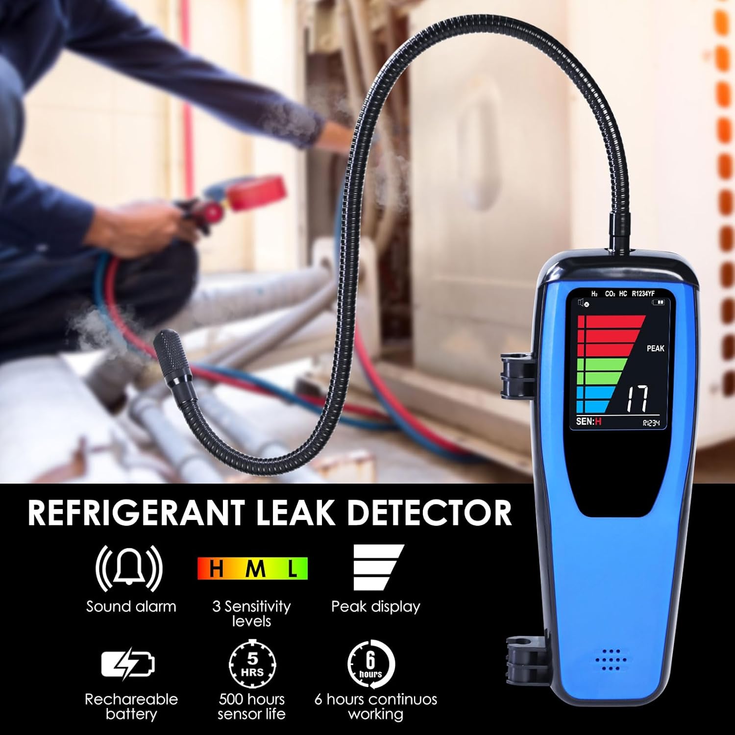HVAC Refrigerant Leak Detector Heated Diode Portable 17' Goosneck Probe Sensor Freon Leak Detector with Audible, Visual Alarm and LCD Bar Graph Display