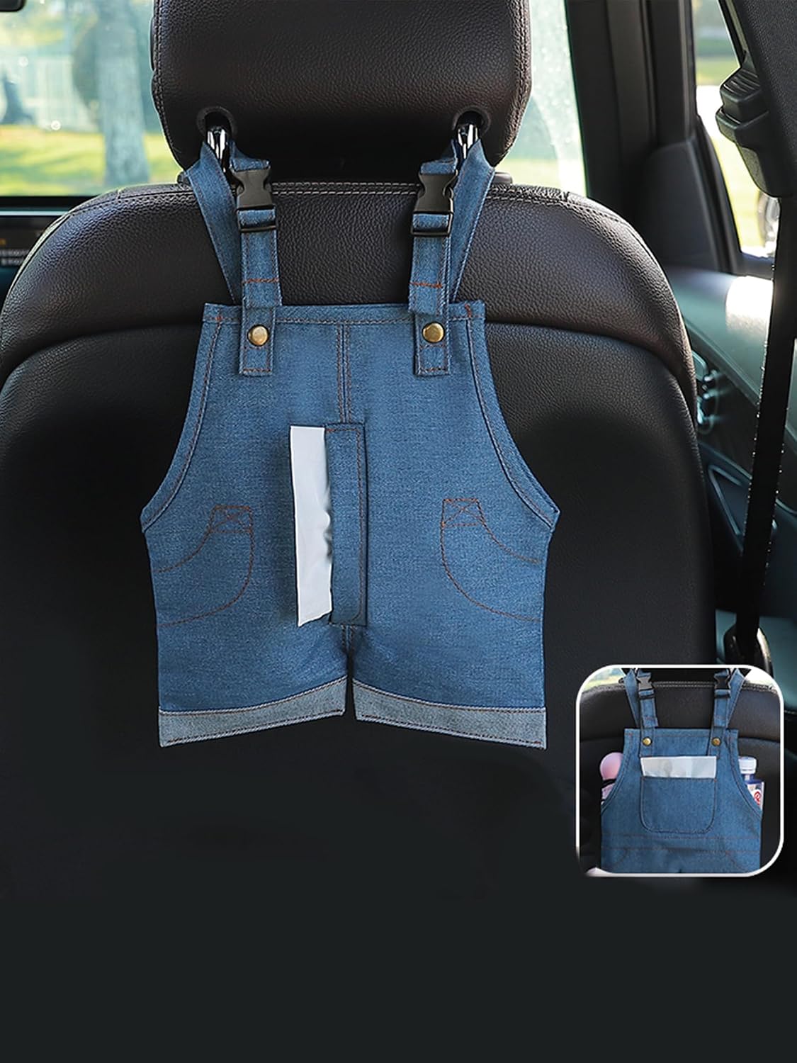 Funny Car Backseat Organizer for Ford Bronco Offroad 4 Door 2021-2025, Creative Denim Overalls Vehicle Hanging Storage Pouch with Tissue Pocket and Bottle Holders,B