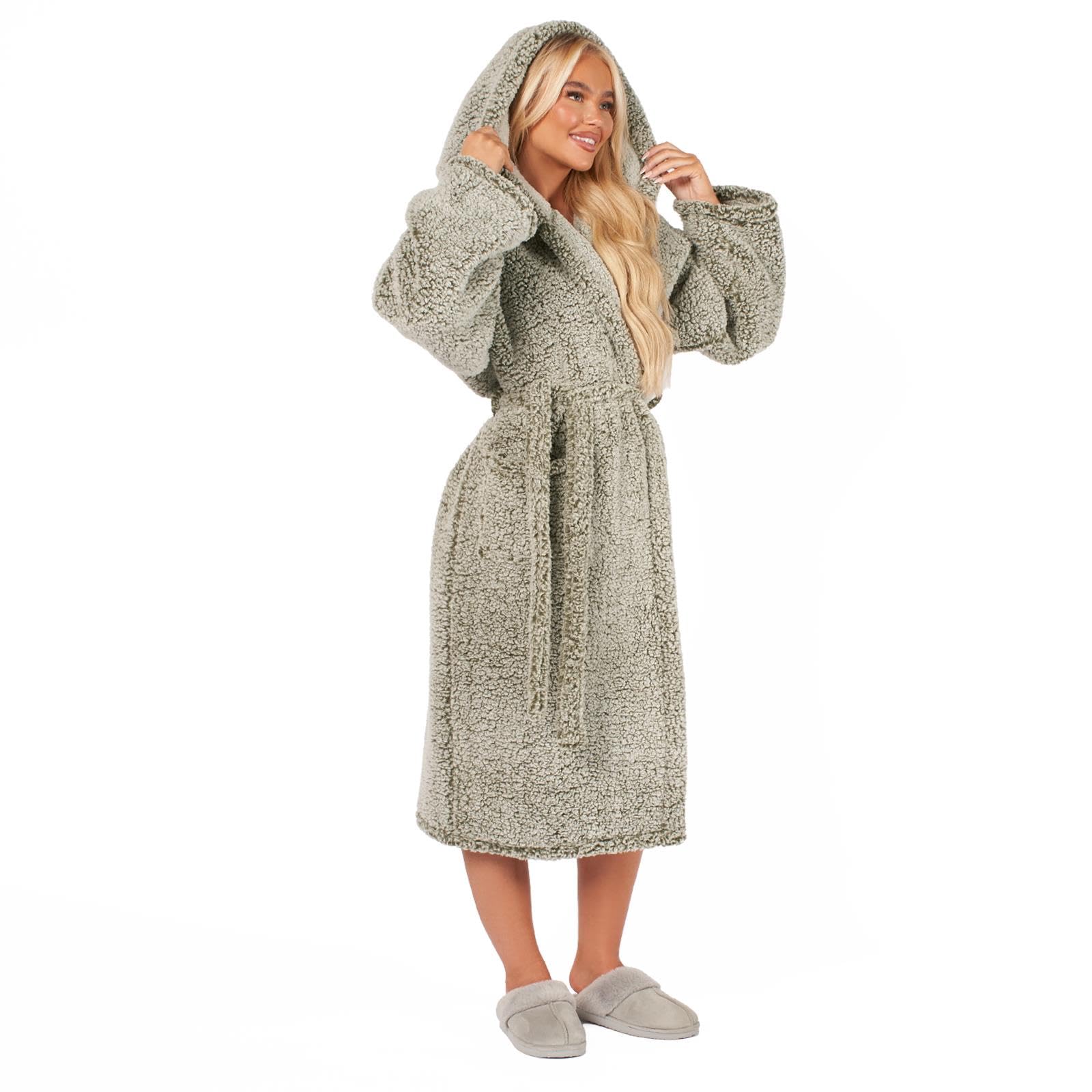 Brentfords Dressing Gown Womens Teddy Marl, Mothers Day Gifts Bathrobe with Hood & Pockets Soft Warm Comfy Luxury Oversized Fluffy Mens Dressing Gowns, Green One Size