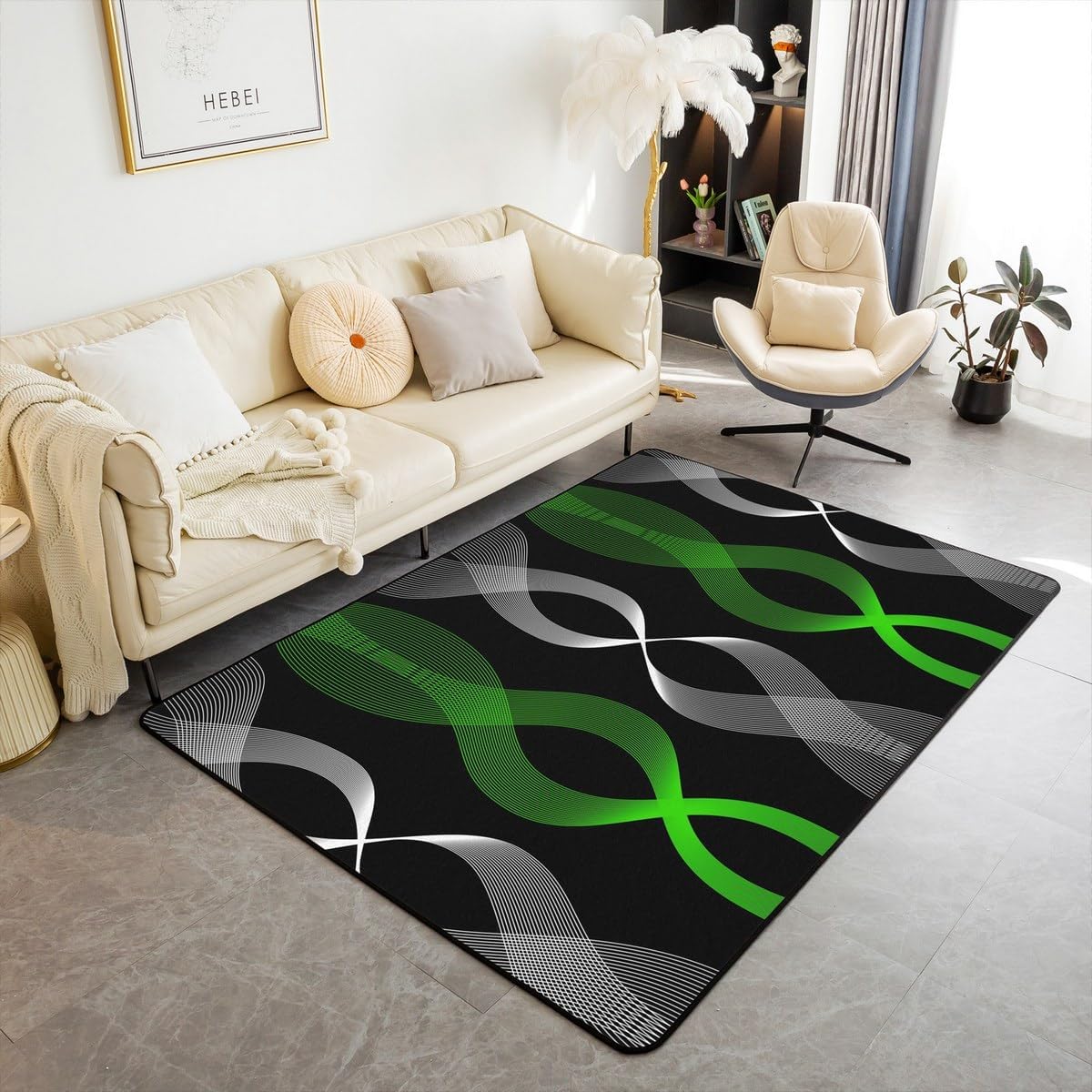 Erosebridal Spiral Living Room Rugs 4'11" x 3'3" Area Rug for Kids Men Women Stripe Lines Printed Modern Abstract Black Green Decorative Carpet Rectangular Indoor Floor Mat