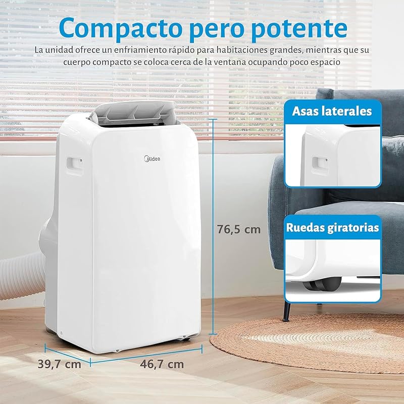 Aparat de aer condiționat portabil Midea Penguin 3 în 1, 12000 BTU, 3500 W, 4 moduri de funcționare, dezumidificator, ventilator, kit fereastră inclus, silențios, 43 m²