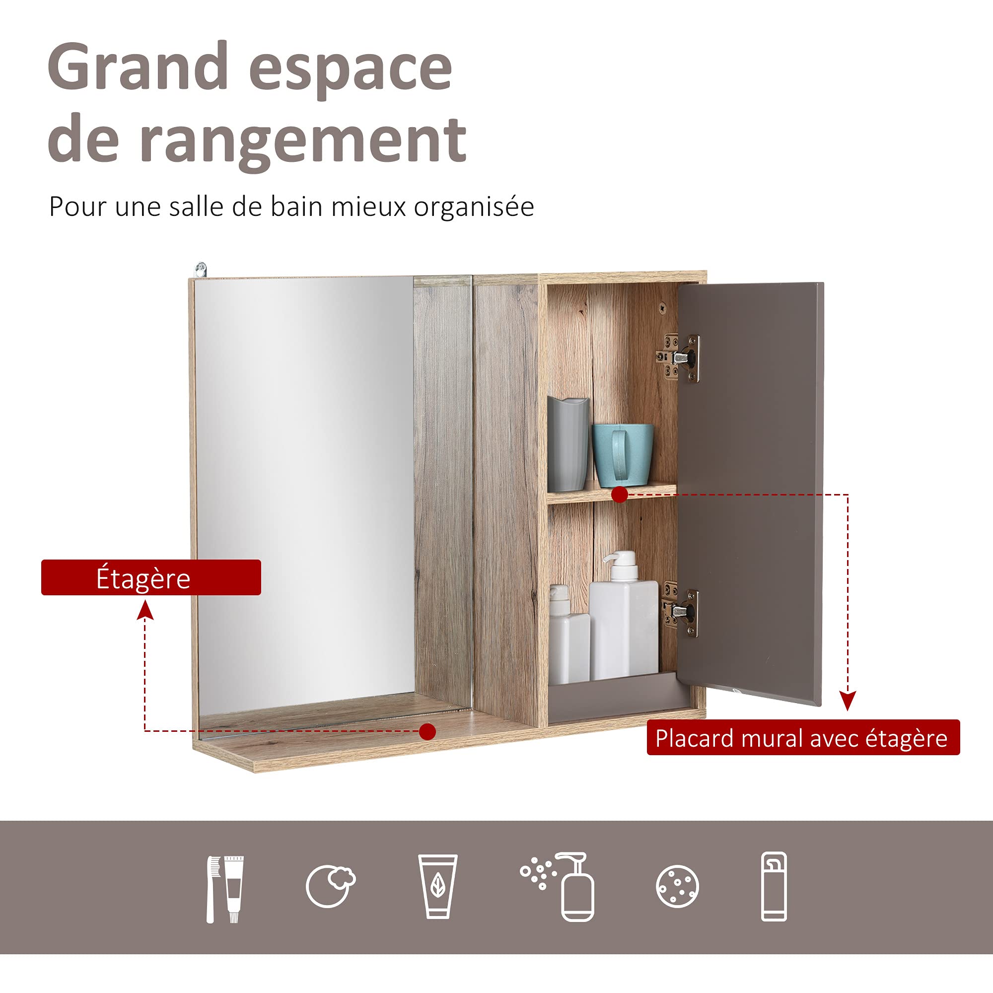 HOMCOM Ensemble de Meuble sous lavabo, Armoire avec Miroir et Meuble Colonne pour Salle de Bain en Bois chêne Clair Gris