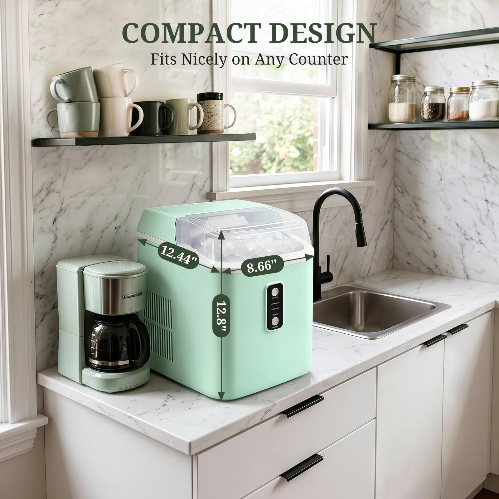Nugget Ice Maker Countertop, 6-Min Fast Chewable Pellet Ice, 24lbs/24h Portable Ice Machine With Self-Cleaning, Ice Full & Low Water Indicator, Basket & Scoop For Home, Party, RV, Camping (Green) on Fridge.com - View 3