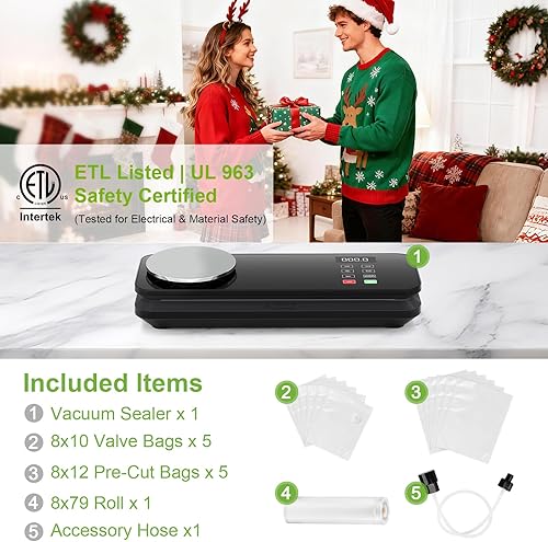 Miniatura 7 de Máquina selladora al vacío de alimentos, 90KPA con báscula de cocina, automática de un solo toque, múltiples modos, con 10 bolsas selladoras y 1