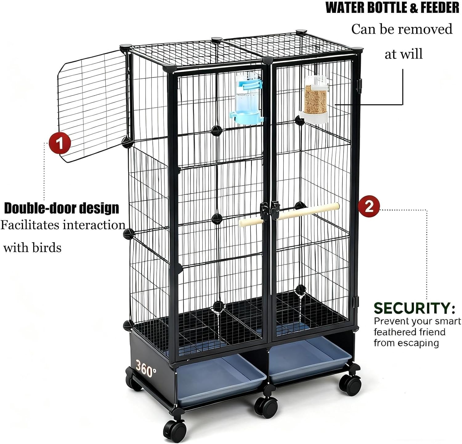 46-Inch Medium-Sized Metal Bird Cage with Wheeled Stand and Removable Tray, Suitable for Birds Such as African Grey Parrots Canaries Conures and Pigeons