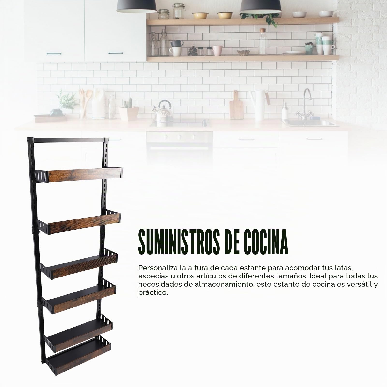 Organizador de Despensa para Montaje en Pared, Organizador de Especias de 6 Capas con Gancho para Puerta para Cocina, Dormitorio, Baño, Altura Ajustable Cada Estante