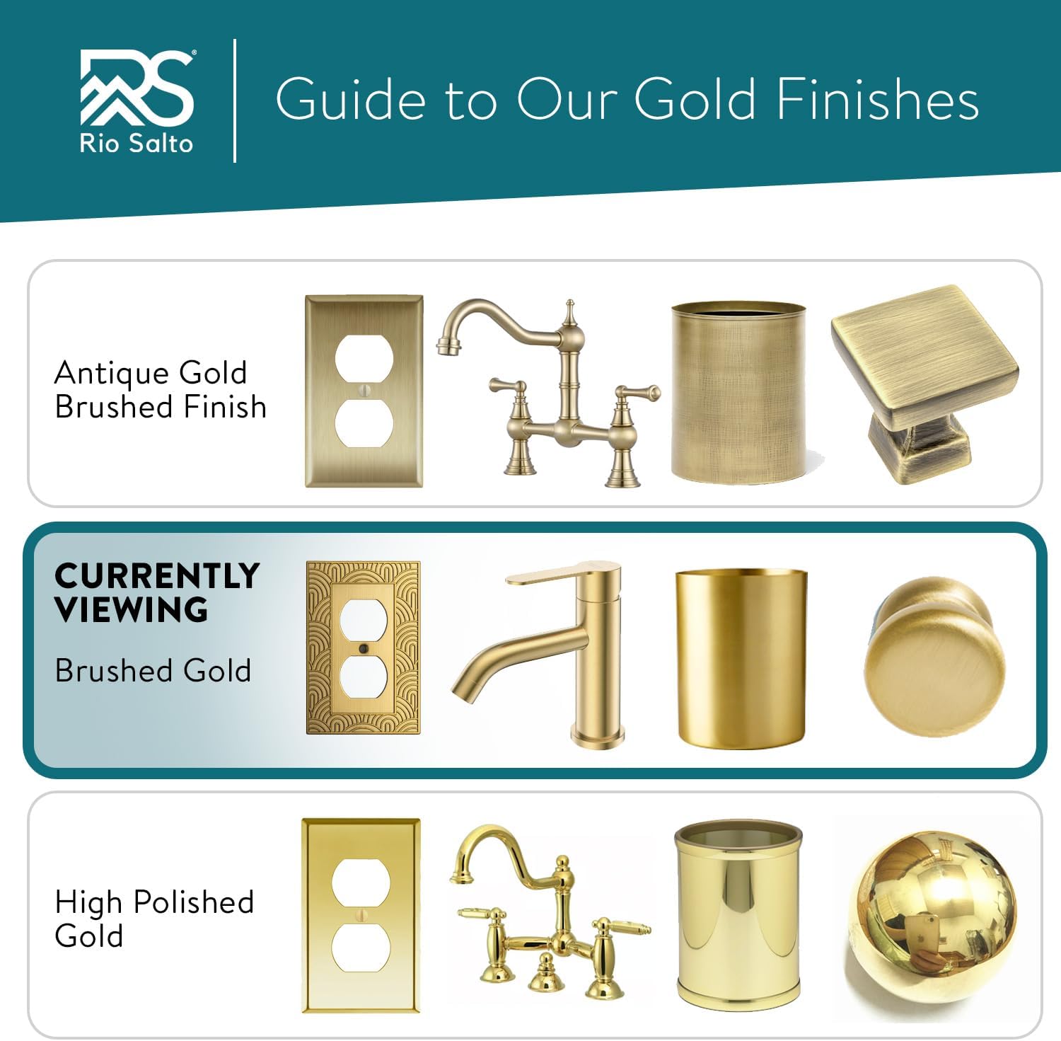 Rio Salto Gold Decorative Light Switch Cover Plate Outlet Covers Rocker Decorator GFCI Metal Wall Plates 1 Gang — Gatsby Collection, Midsize 5.00" × 3.13"
