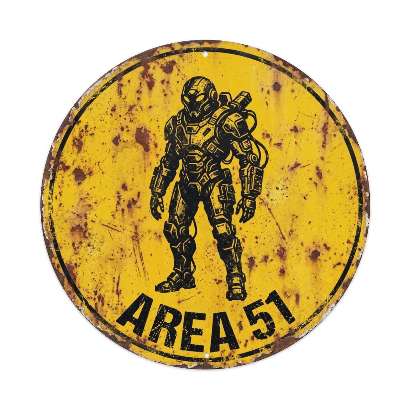 Vintage Alien Area 51 Exosuit Technology Metal Tin Sign Plaque Wall Decor for Cafe, Club, Garden Round Metal Poster 8x8Inch