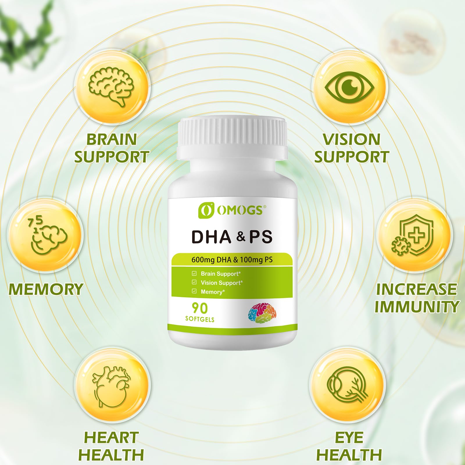 OMOGS Algae DHA - 600 mg Omega-3 DHA Softgels, with Phosphatidylserine & Walnut Oil, Supports Healthy Brain Function, Vision, Eye & Memory, Gluten Free, Non-GMO, 90 Softgels — Amazon image 4