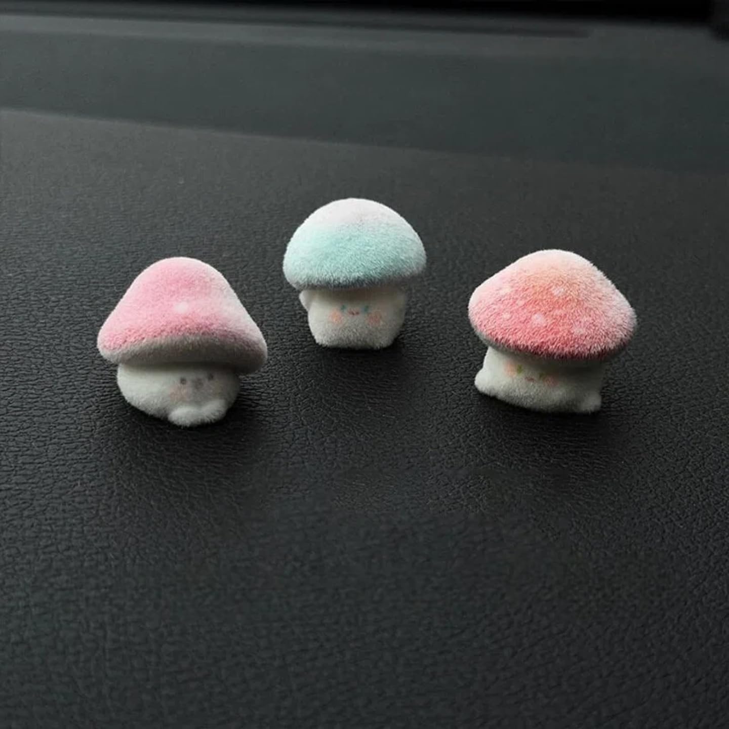 Cute Flocked Mushroom Car Decor – Mini Fluffy Elf Figurines for Dashboard (3 Pcs Short Flocked Mushrooms (with Adhesive))