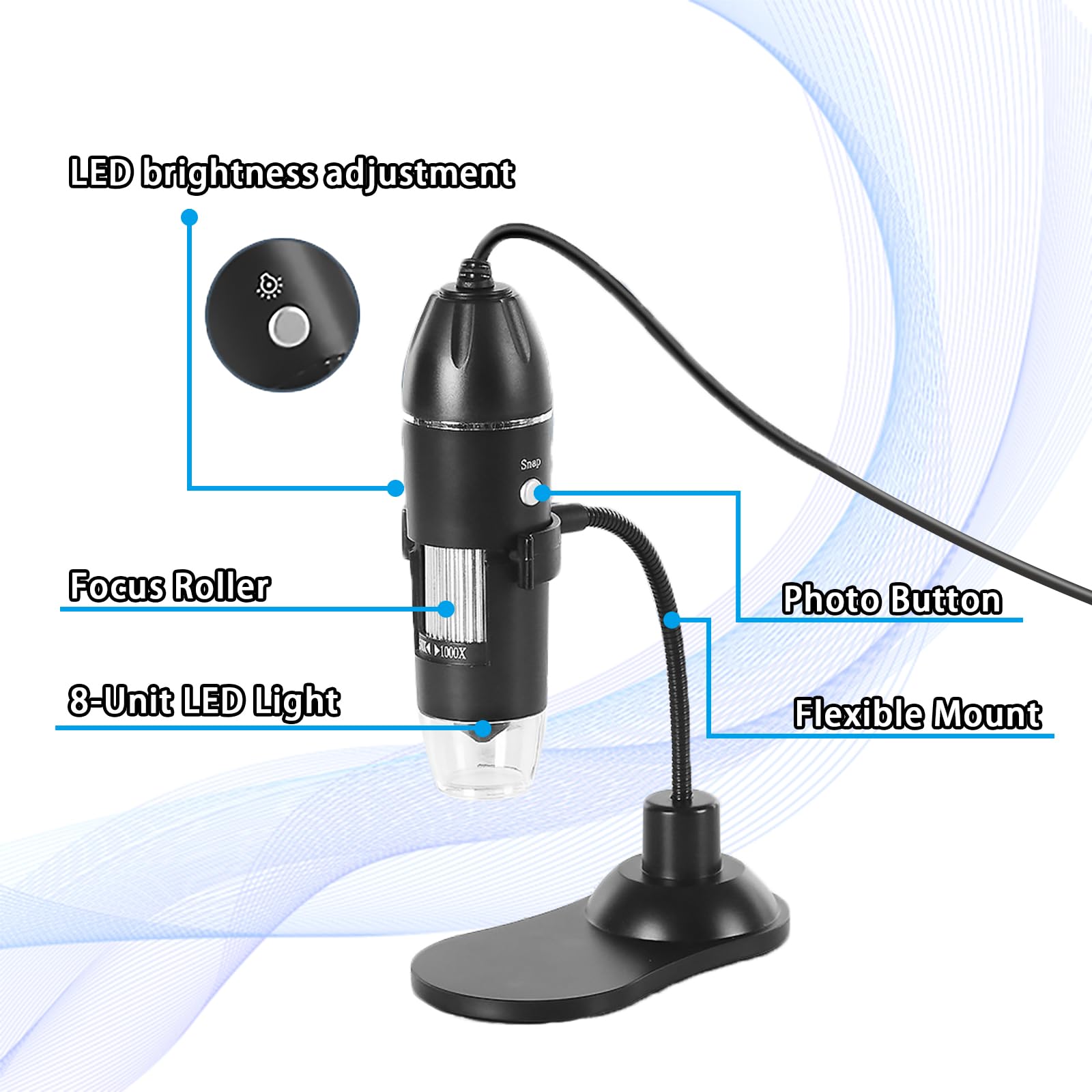 Microscopio Digital USB 1000X con LED Ajustable, Soporte Flexible y Cámara HD - Microscopio Portátil Profesional para Teléfono Móvil/PC, Niños, Industria, Laboratorio, Dermatoscopio