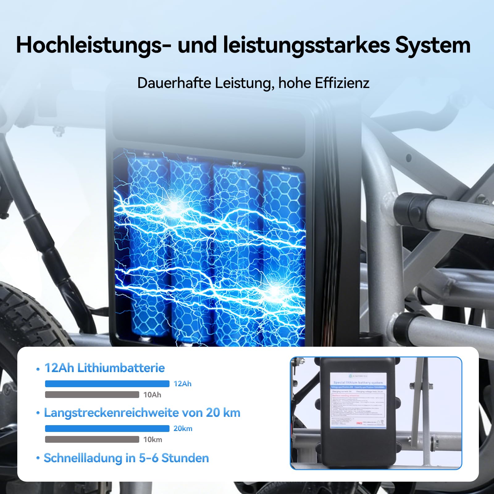 Elektrischer Rollstuhl mit langer Reichweite bis 20 km, stabil & bis 150 kg belastbar, faltbar für Transport, Anti-Kipp-System & Sicherheitsbremsen, für Alltag und Outdoor
