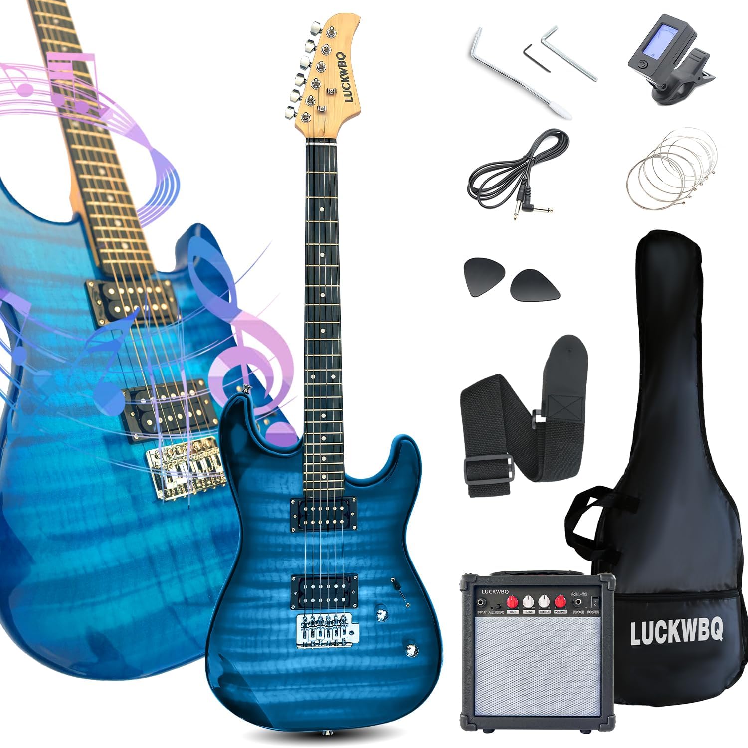39" Full Size ST Style Electric Guitar Starter Kit with HH Pickup, 20W Portable Amp, Tuner, Gig Bag, Strap & Accessories(Blue Flame)