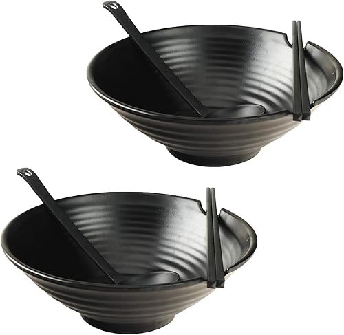 Juego de 2 cuencos de sopa de melamina negra de 37 oz de estilo japonés con palillos cucharón cucharón cucharón y tazón grande para fideos ramen