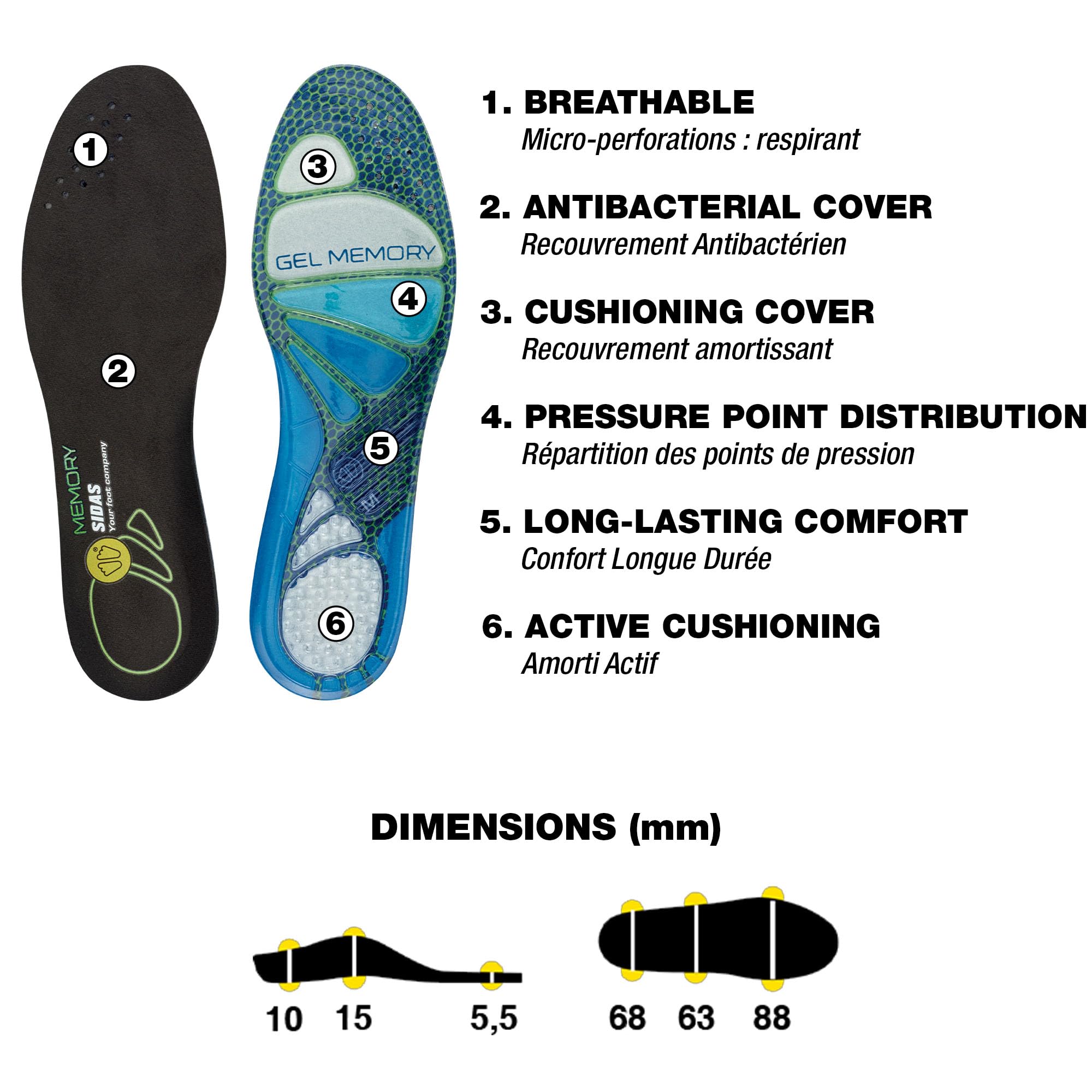 Sidas Cushioning Gel Memory wkładki żelowe z pamięcią kształtu, komfort przez cały dzień, zmniejszają zmęczenie mięśni, niebieskie, XS 35-36
