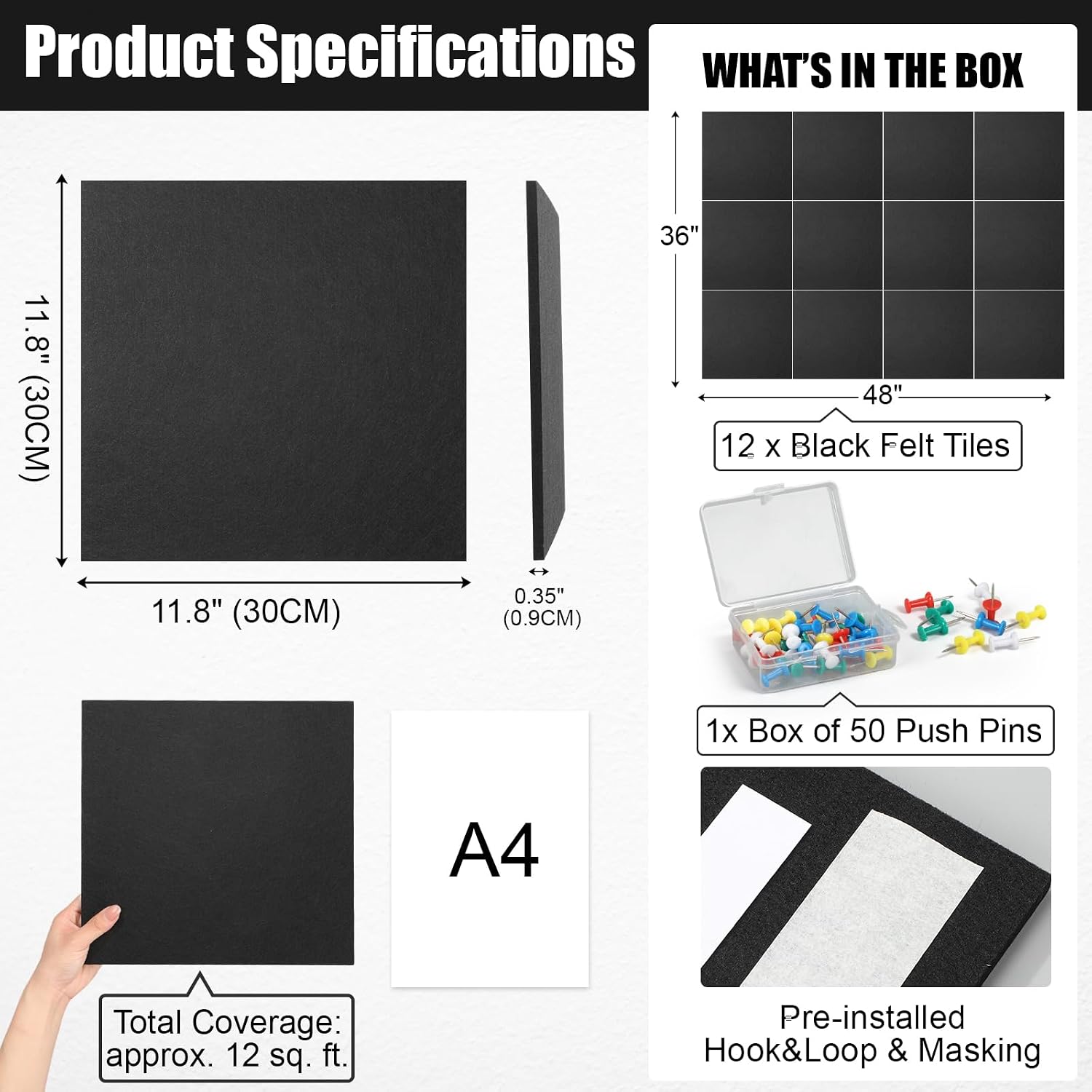 Pasimy 12 Pack Black Felt Bulletin Board Tiles 48 x 36 Inch, Self Adhesive Cork Board Alternative for Walls, Thick Pin Boards for Pins, Sound Dampening Vision Boards for Home Office, 50 Push Pins
