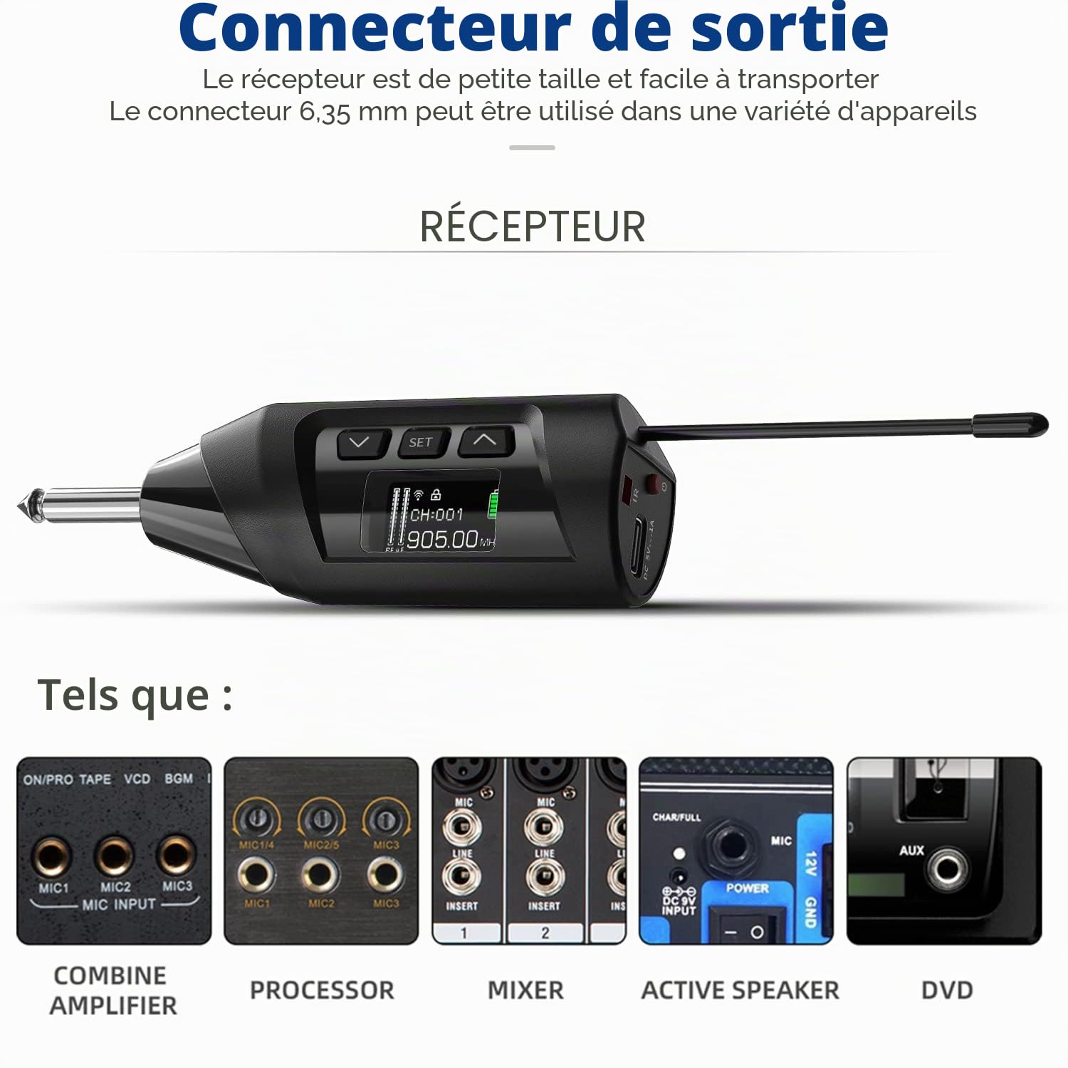 SGPRO microphones sans fil pour saxophone, microphone à clip pour sax et trompette, égaliseur préréglé et niveau d’écho, transmission de 5 m, rechargeable, émetteur et récepteur