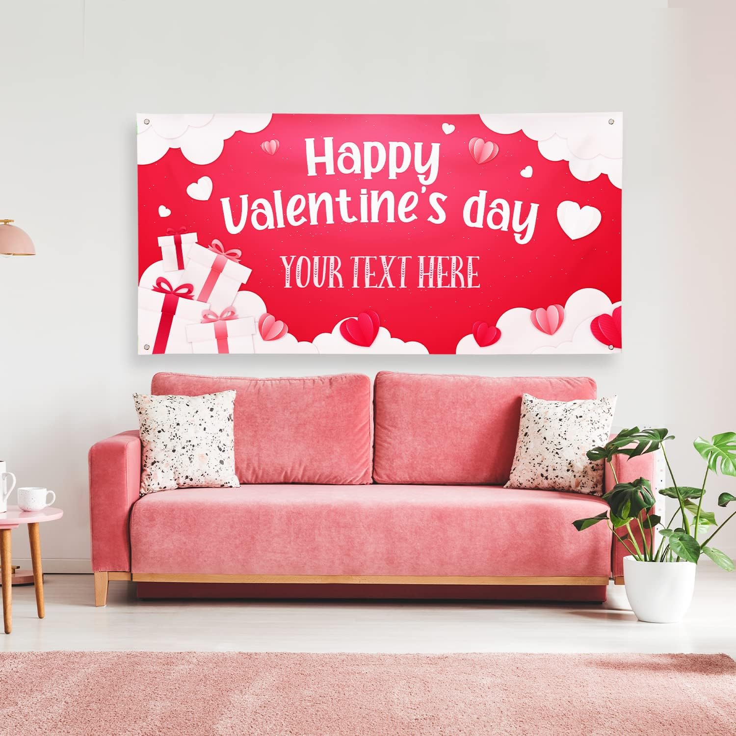 Personalized Valentine's Day Banner, Custom Valentines Décor Vinyl Background Sign, Happy Valentine's Day Decoration for Home or Party Made in USA, 36x72 Inches Banner, Made in USA