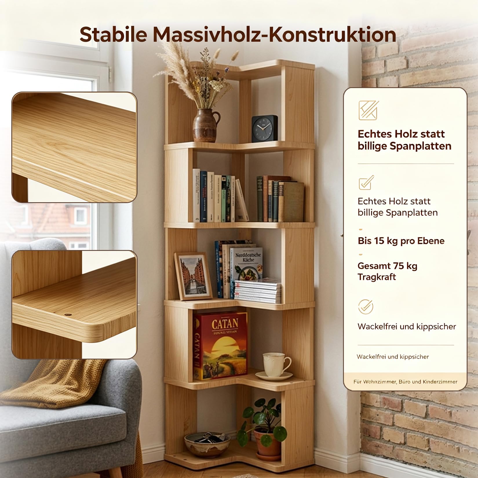 Eckregal Bücherregal aus Massivholz 5 Ebenen Platzsparend Wohnzimmer