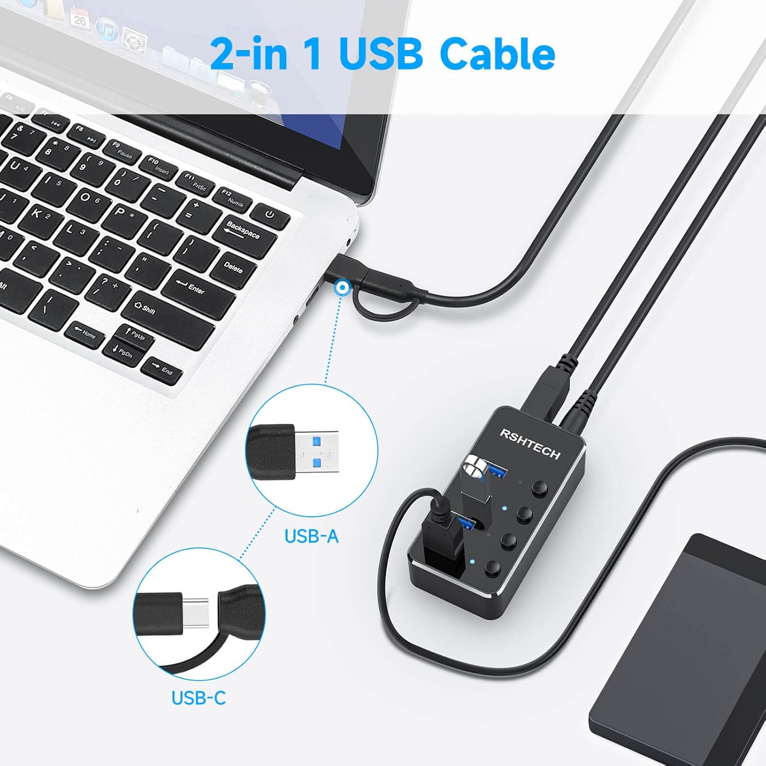 Close-up of the 2-in-1 USB cable, showing both USB-A and USB-C connectors.