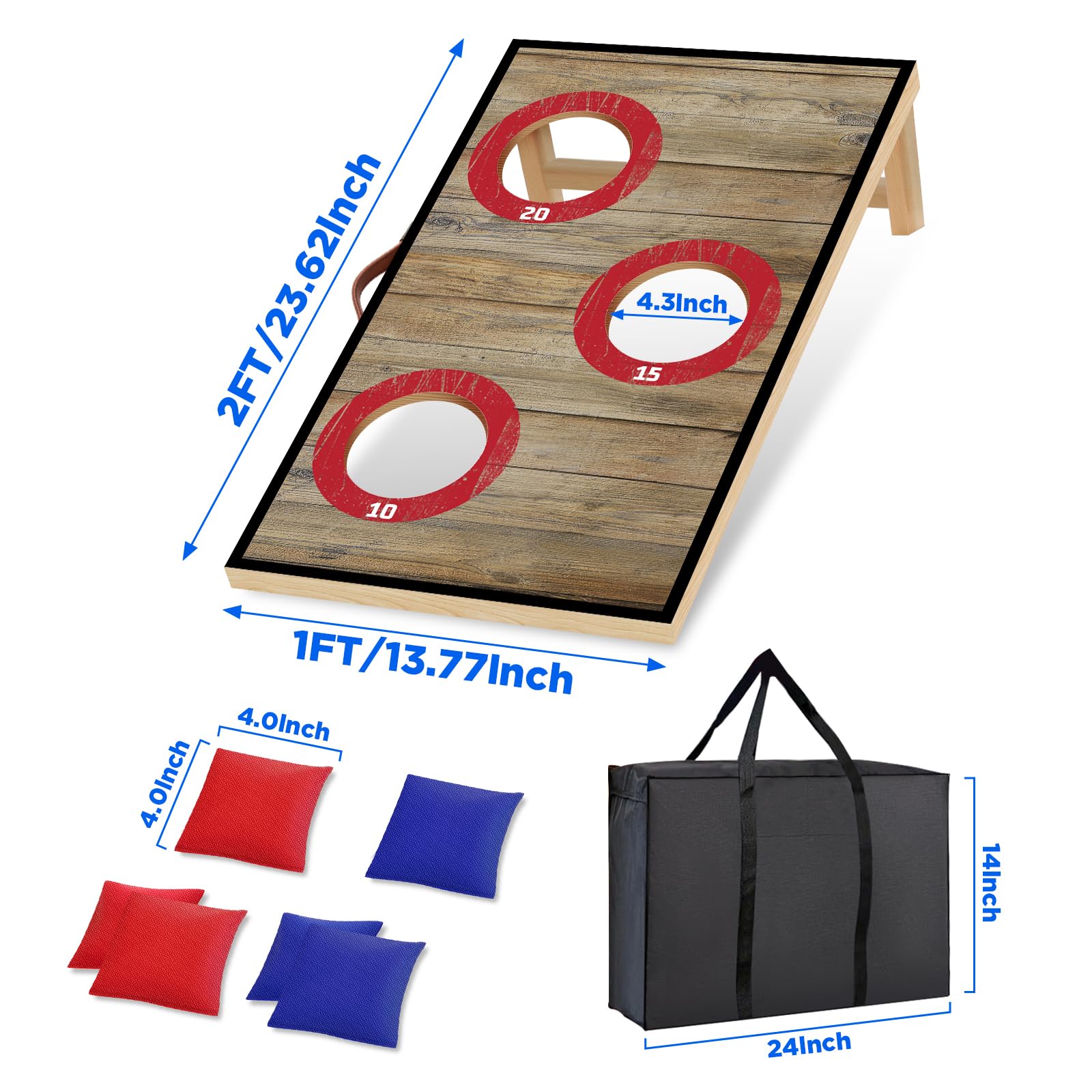 NZQXJXZ Juego de Cornhole, 60 x 35 cm Tableros de Madera Maciza Premium | con Agujeros de maíz con 6 Bolsas de Frijoles y una Bolsa de Transporte, Juego de Lanzamiento de maíz para Familia y Adultos